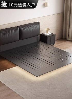 黑色豆腐块悬浮床碳素钢床架意式极简主卧室软包双人婚床真皮床