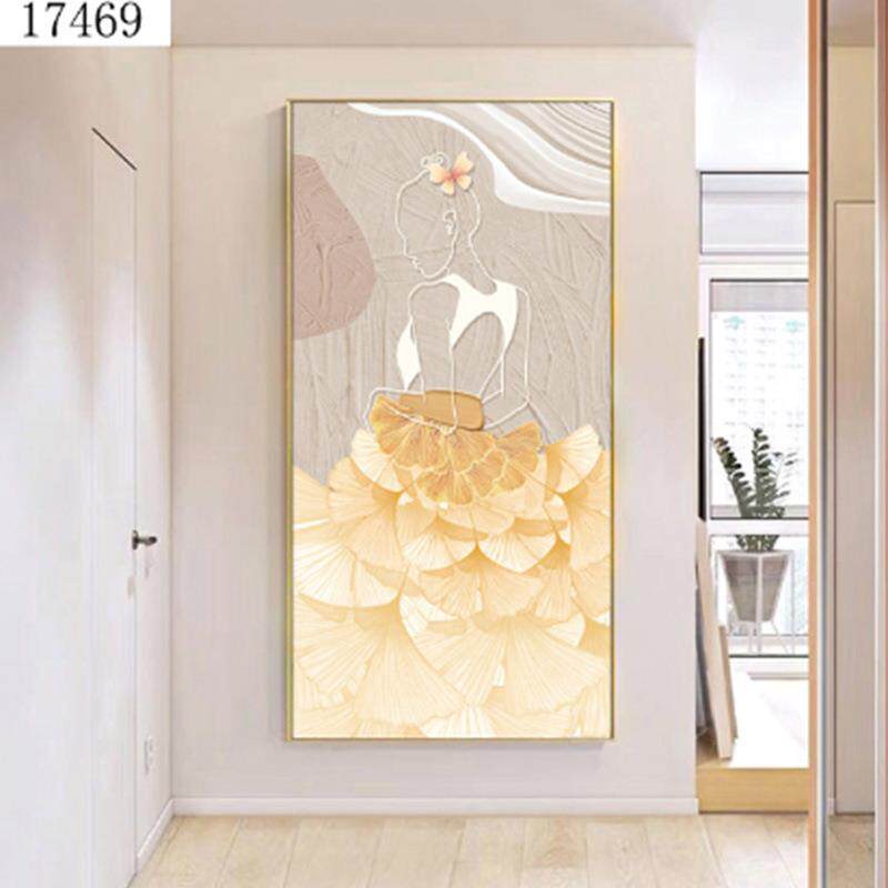 美女玄关装饰画叶子裙子入户走廊挂画现代简约抽象镶钻竖版壁画