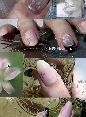 Lili百合香｜谭燕玉风美甲黑色法式水彩花卉晕染纯手工穿戴甲片