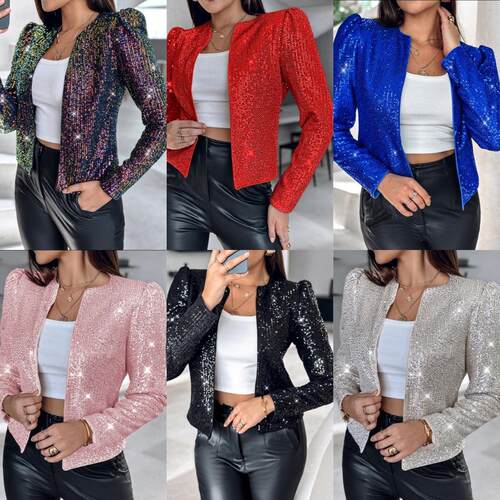 Women's color blocked sequin short suit jacket