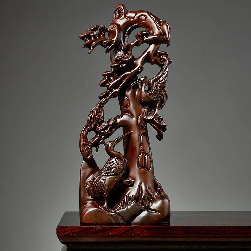 黑檀木雕松鹤延年根雕摆件实木雕刻工艺礼品摆饰客厅装饰品乔迁贺