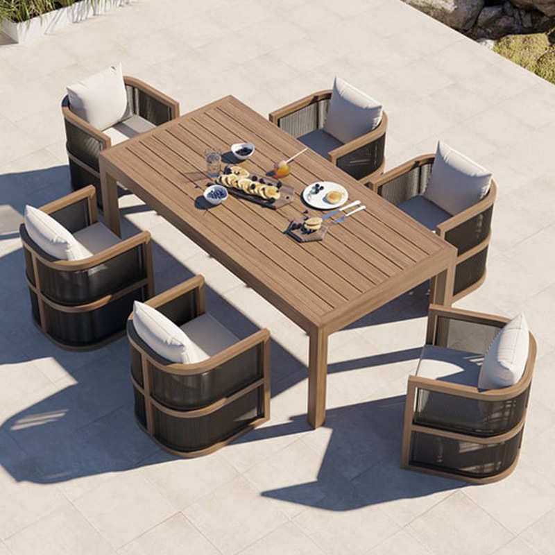 高档户外桌椅庭院别墅防腐木室外大户型露台防水柚木藤编桌椅组合