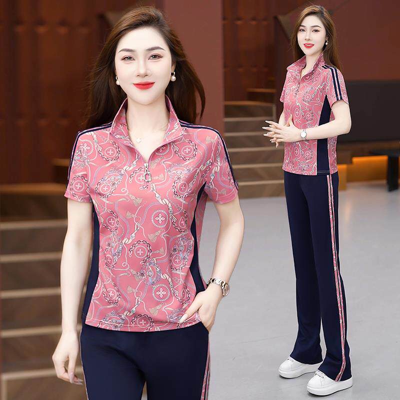 运动服套装女夏季2025新款时尚洋气啊妈妈显瘦休闲短袖跑步两件套