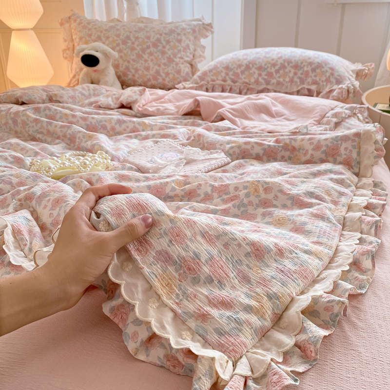被薄机双层夏凉可被夏季木棉花边风纱件套四版被子款韩洗公主空调