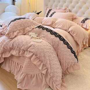高档轻奢春季法式床四件套牛奶珊瑚被套上床加绒床盖款春天法绒兰