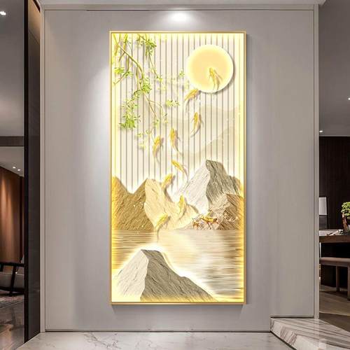 九鱼图玄关装饰画新中式高端走廊过道壁画灯画入户正对门客厅挂画