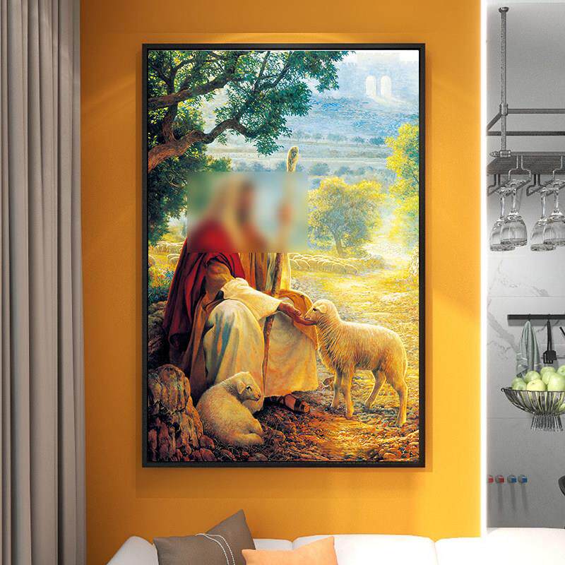 满子抱羊装饰画教堂服务人物挂画现代客厅背景墙竖版入口高端壁画