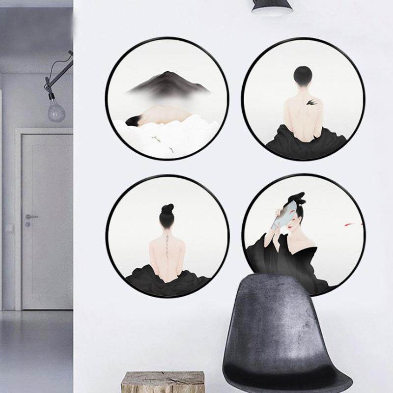 禅意挂画圆形装饰画日式料理餐厅画黑白意境背影墙壁画现代简约风
