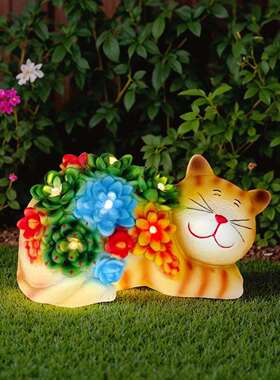 跨境户外创意可爱猫树脂工艺品摆件庭院景观太阳能花园装饰灯