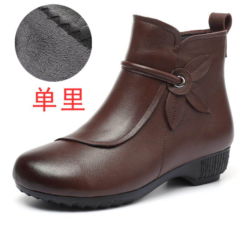 高档复古妈妈鞋真皮软短靴女202底4秋冬新中款加绒闲老年女休鞋棉