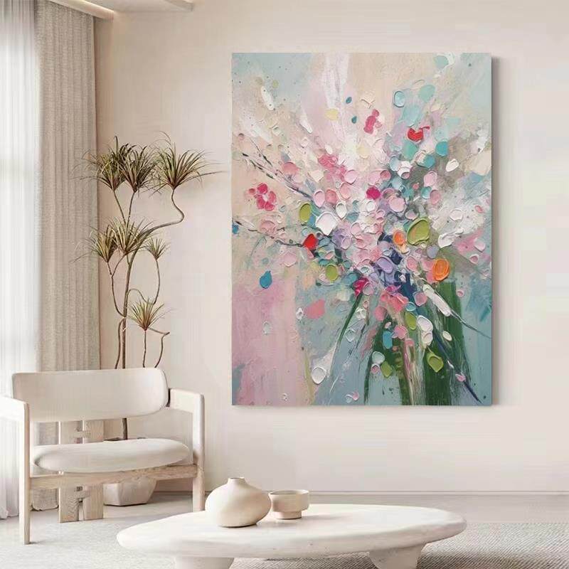 纯手绘肌理油画客厅欧式现代简约彩色花卉装饰画餐厅玄关立体挂画