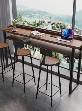 阳台家用吧台桌双层实木挡板靠窗靠墙窄桌长条高低脚长桌子高脚桌