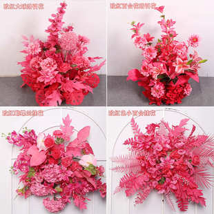 婚礼布置婚庆引玫装饰红色花订婚花排场景花地花绢背景花路仿真排