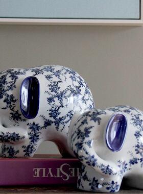 陶瓷大象饰品，中式饰品一对，创意家居客厅电视柜，青花瓷工艺品