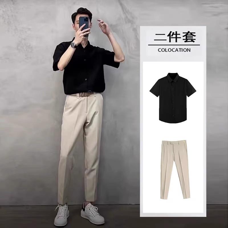 高端休闲套装男士夏季2026新款短袖衬衫商务西裤约会订婚穿搭男装