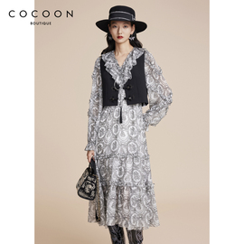 cocoon商场同款2023春夏，法式浪漫印花荷叶边连衣裙女