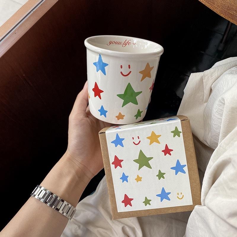 夏季多巴胺彩色笑脸星星陶瓷马克杯水杯小众创意咖啡杯手握杯礼物