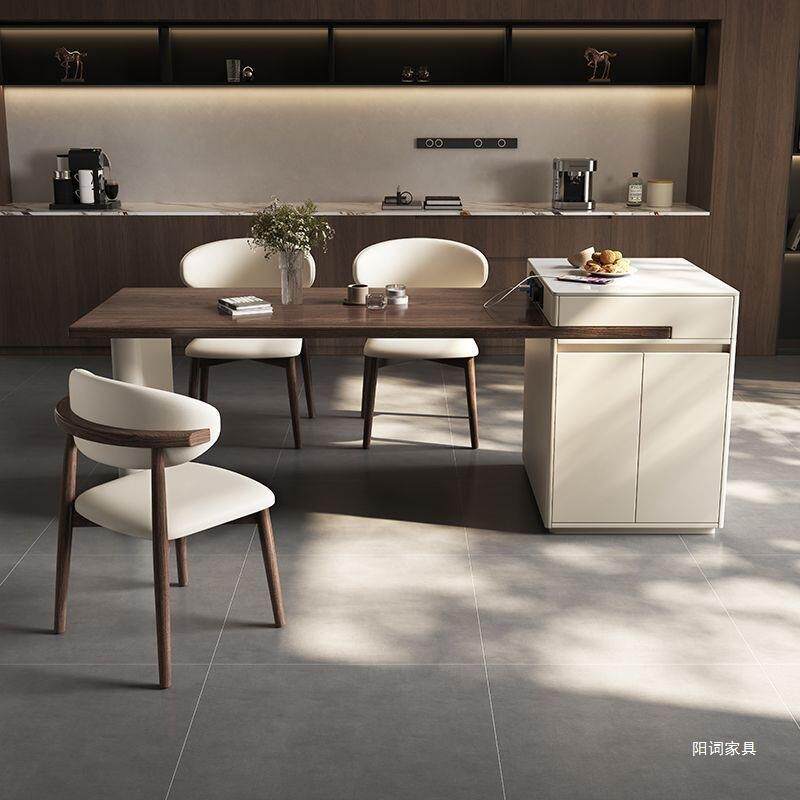 现代简约全实木岛台餐桌一体小户型家用可伸缩高级轻奢餐桌椅组合