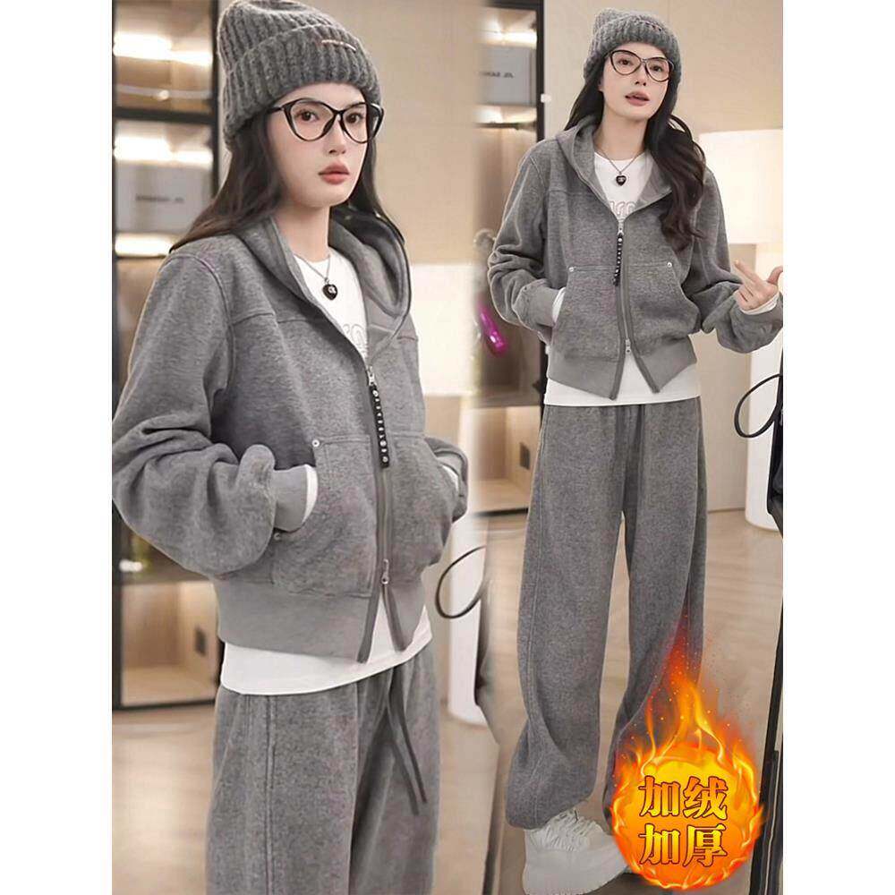 香港2025冬季款式天鹅绒加厚时尚连帽运动衫休闲套装两件套运动服