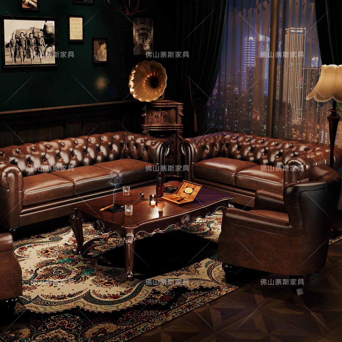 高端雪茄吧沙发茶几复古威士忌酒吧桌椅美式老虎椅教父椅单人座椅