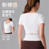欧美圆领运动T恤裸后腰镂空感修身 女透气跑步健身服 显瘦瑜伽短袖