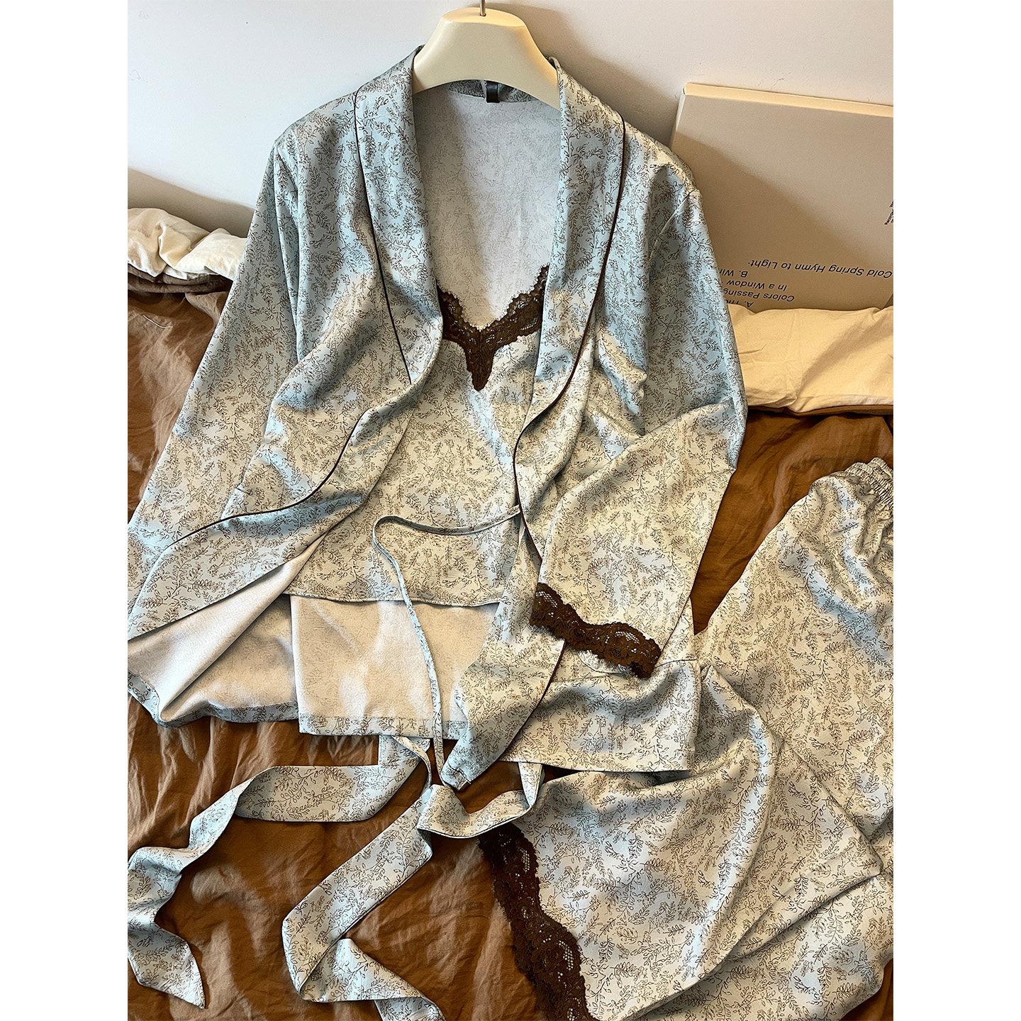 复古蕾丝花边碎花冰丝缎面睡衣女春夏款吊带开衫长裤家居服套装女