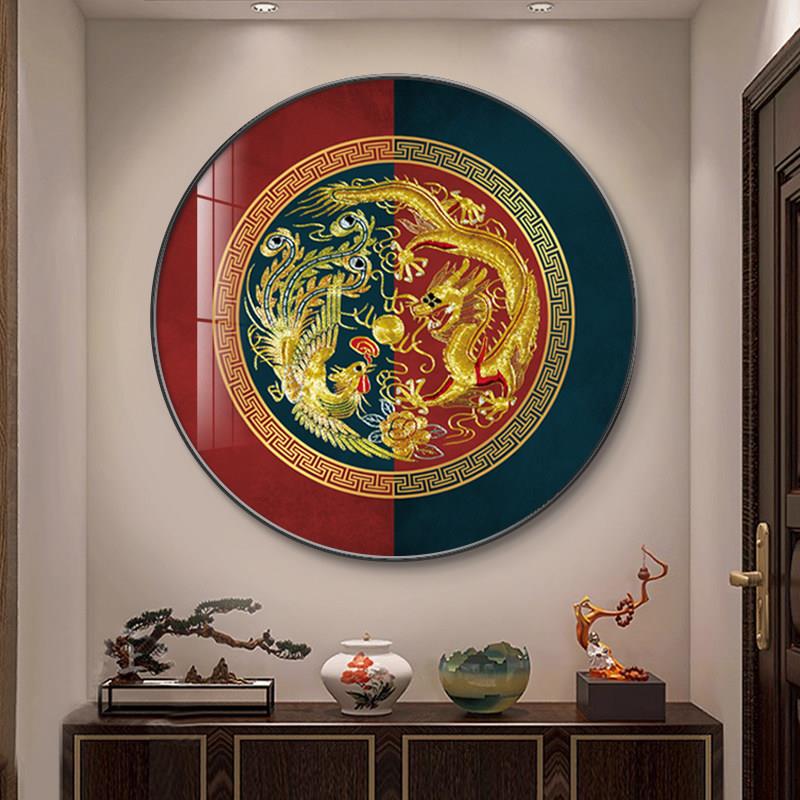 龙凤呈祥圆形装饰画 画新中式客厅玄关挂画 画二龙戏珠中国风高档