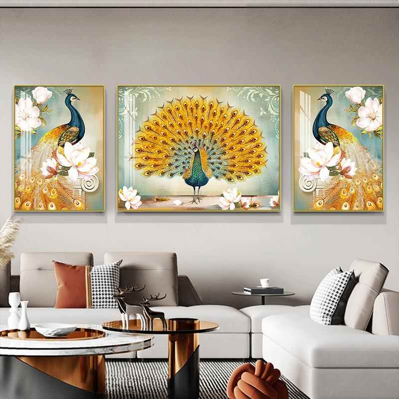 北欧轻奢客厅装饰画现代简约大气沙发背景墙壁挂画晶瓷孔雀三联画图片