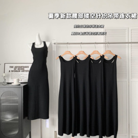 腰部镂空针织吊带连衣裙夏季黑色长裙气质修身裙子
