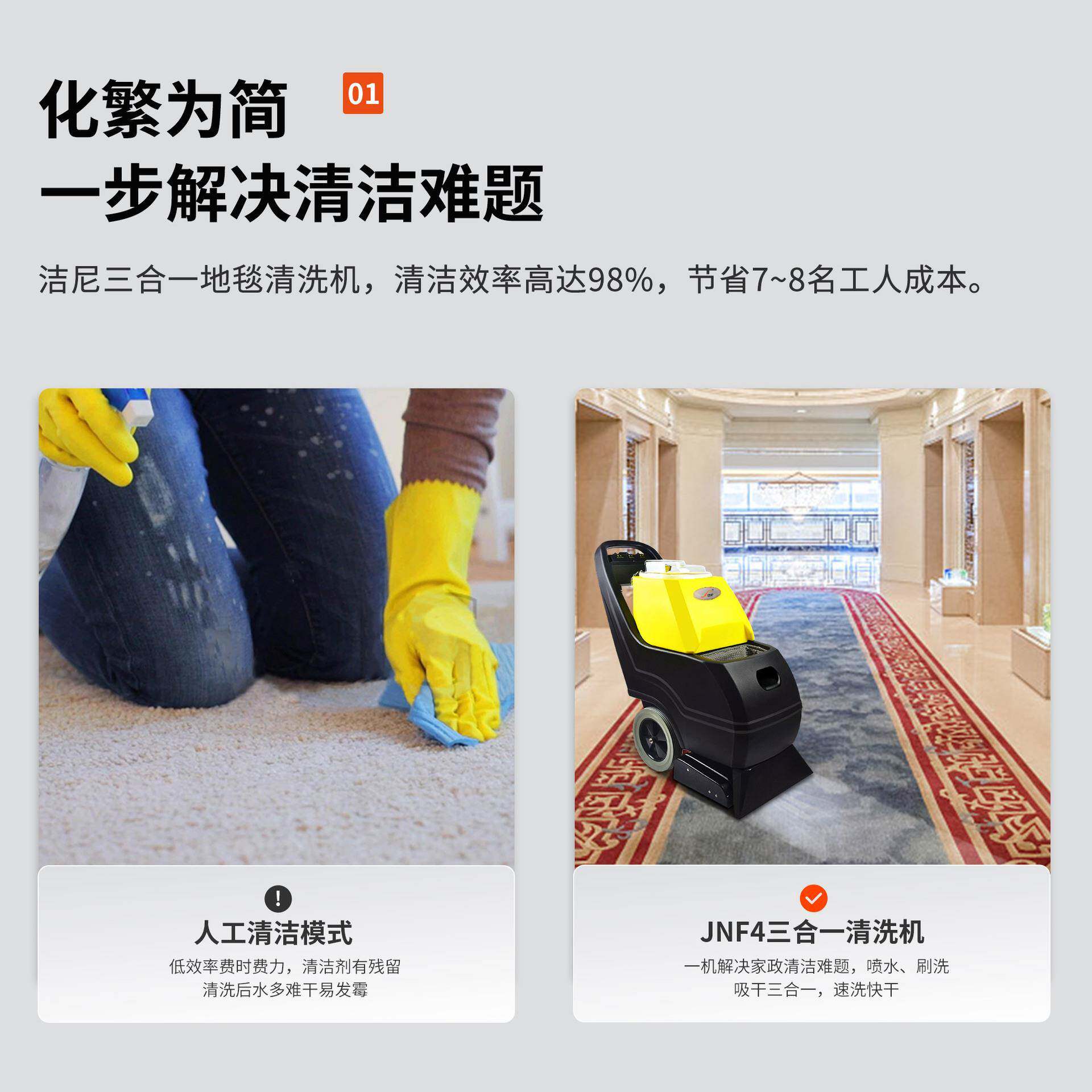 洁尼商用地毯清洗机宾馆酒店窗帘毛毯喷抽吸三合一蒸汽滚刷抽洗机