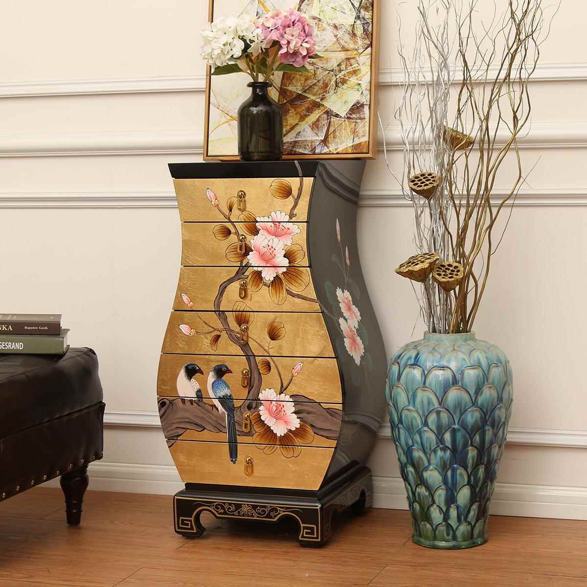 新中式彩绘斗柜抽屉储物柜装饰七斗柜客厅沙发边柜卧室实木床头柜