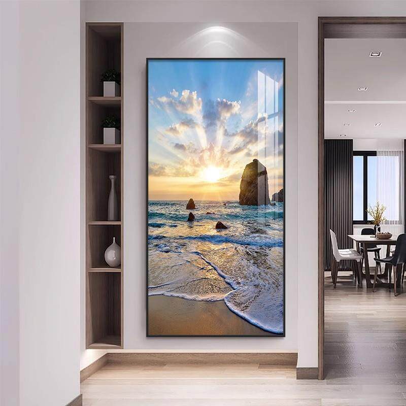 入户玄关装饰画现代简约走廊过道挂画竖版大气墙画海景客厅画