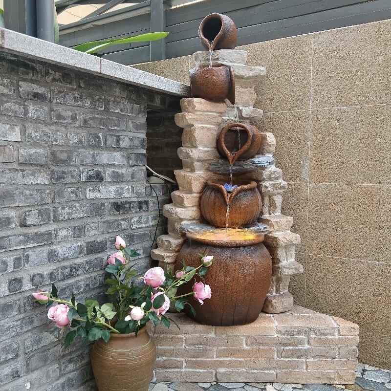 新中式庭院流水陶罐摆件 落地式水景造景喷泉 116cm高树脂材质庭