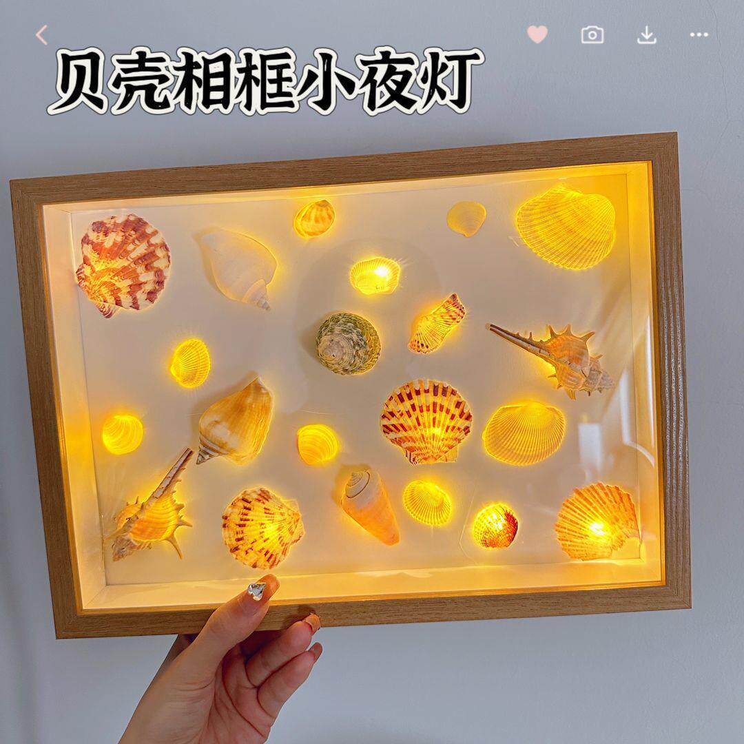 贝壳小夜灯海螺手工贝壳相框画创意摆件标本中空相框送女生