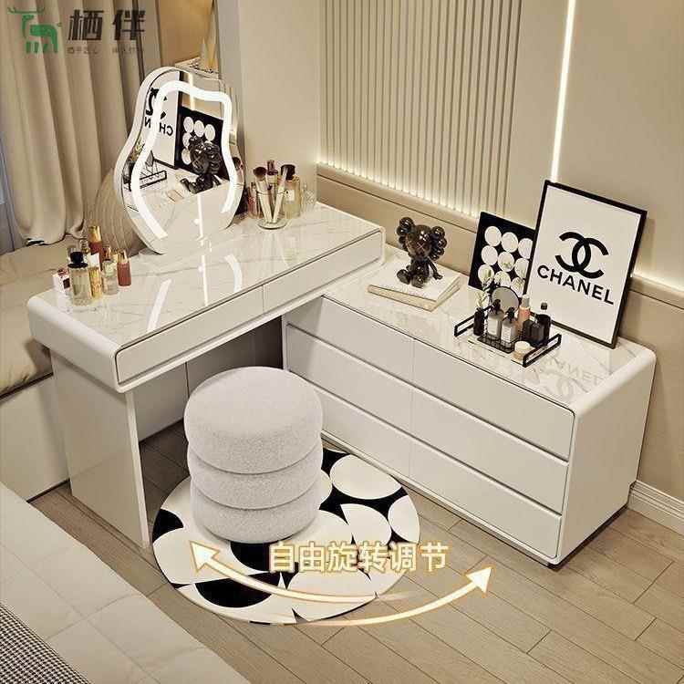 家用实木岩板梳妆台现代简约卧室公主风法式化妆台斗柜一体化妆桌