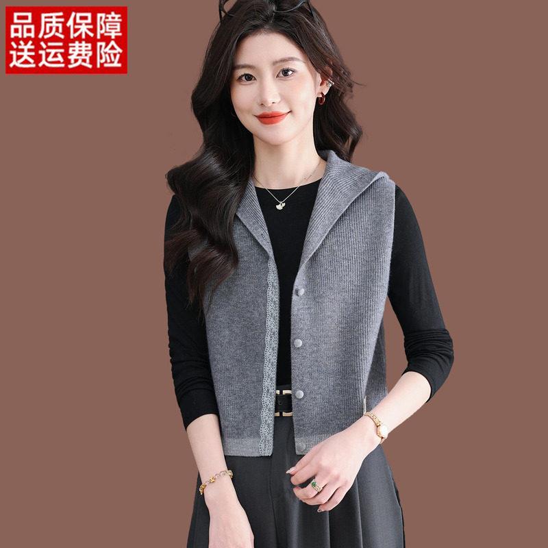连帽针织马甲女春秋新款高腰外套气质配裙子短款无袖上衣羊毛开衫