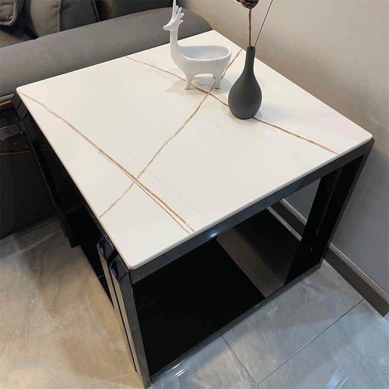 简约轻奢黑色不锈钢岩板角几现代茶几沙发边柜大理石边几方形茶几