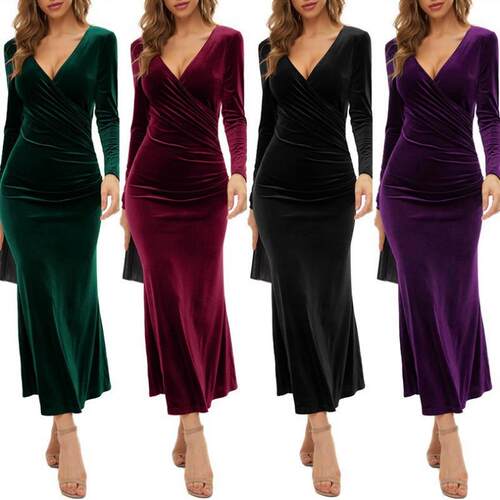 Women's velvet collar, hip hugging skirt, fishtail dress,