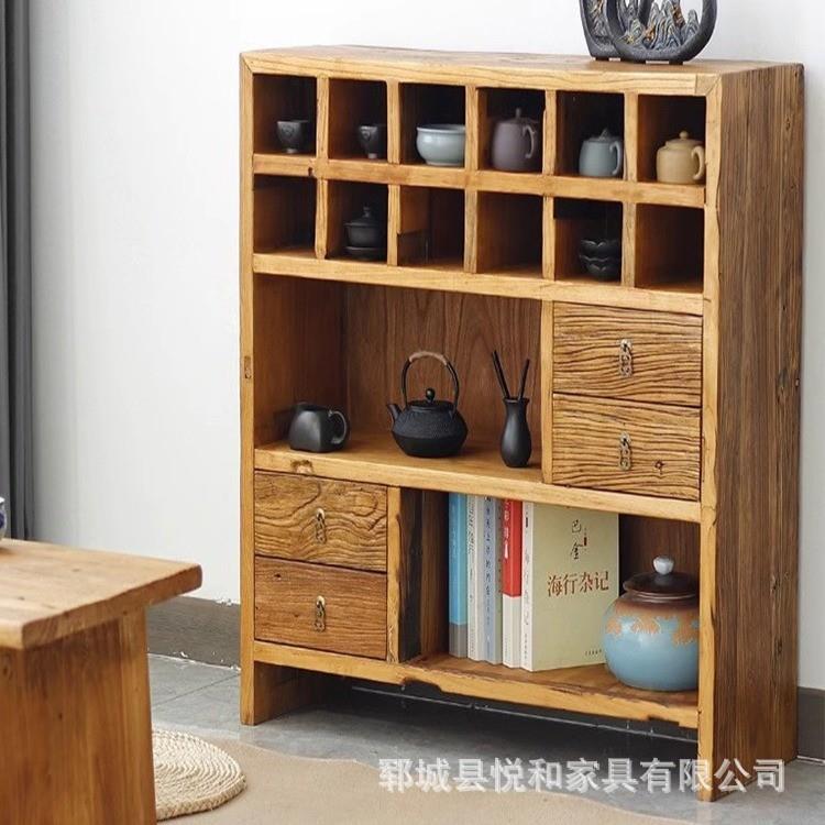 复古老榆木博古架小户型茶杯茶具置物架茶室多宝阁新中式储物架