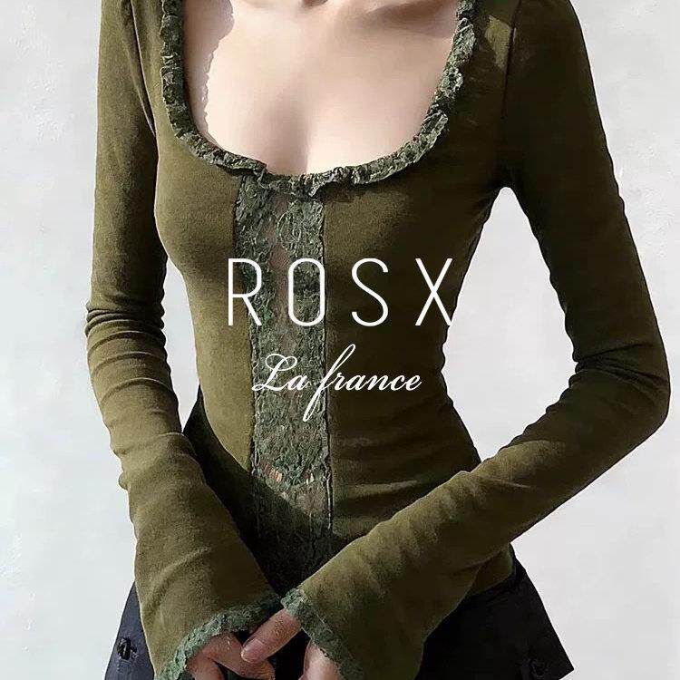 ROSX法式复古辣妹绿色蕾丝拼接方领打底衫女春季修身正肩长袖t恤