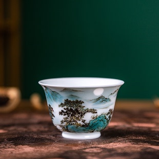 原创山水画品茗杯国家级大师刘培竹手绘陶瓷杯高档主人杯家用茶器