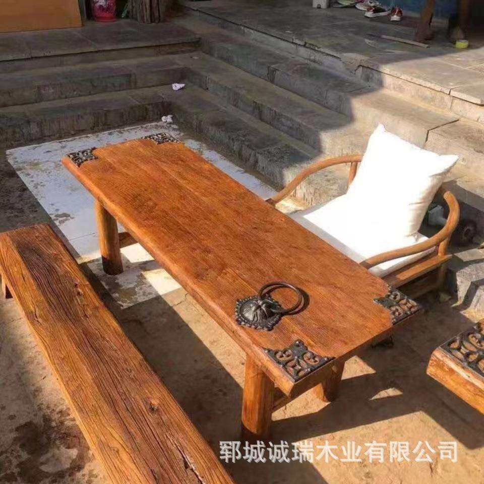 北方老门板茶台办公室老榆木桌椅组合茶台家用长方形待客泡茶桌