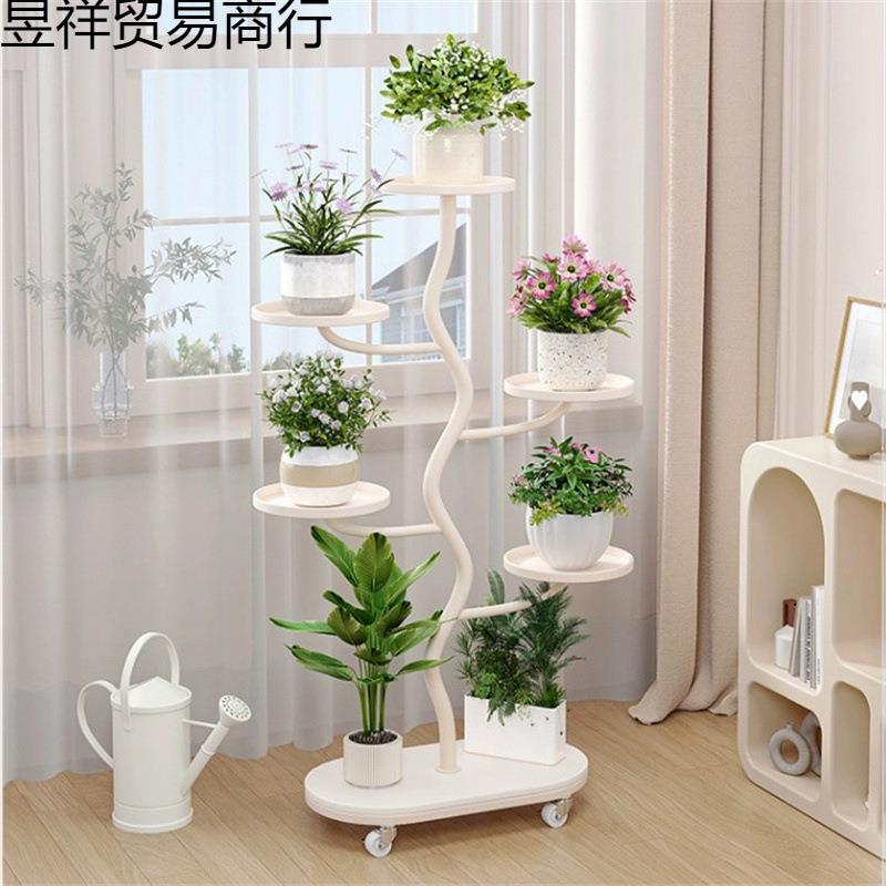 多层花架子室内家用高档花架新款落地式可移动带轮花盆托架置物架