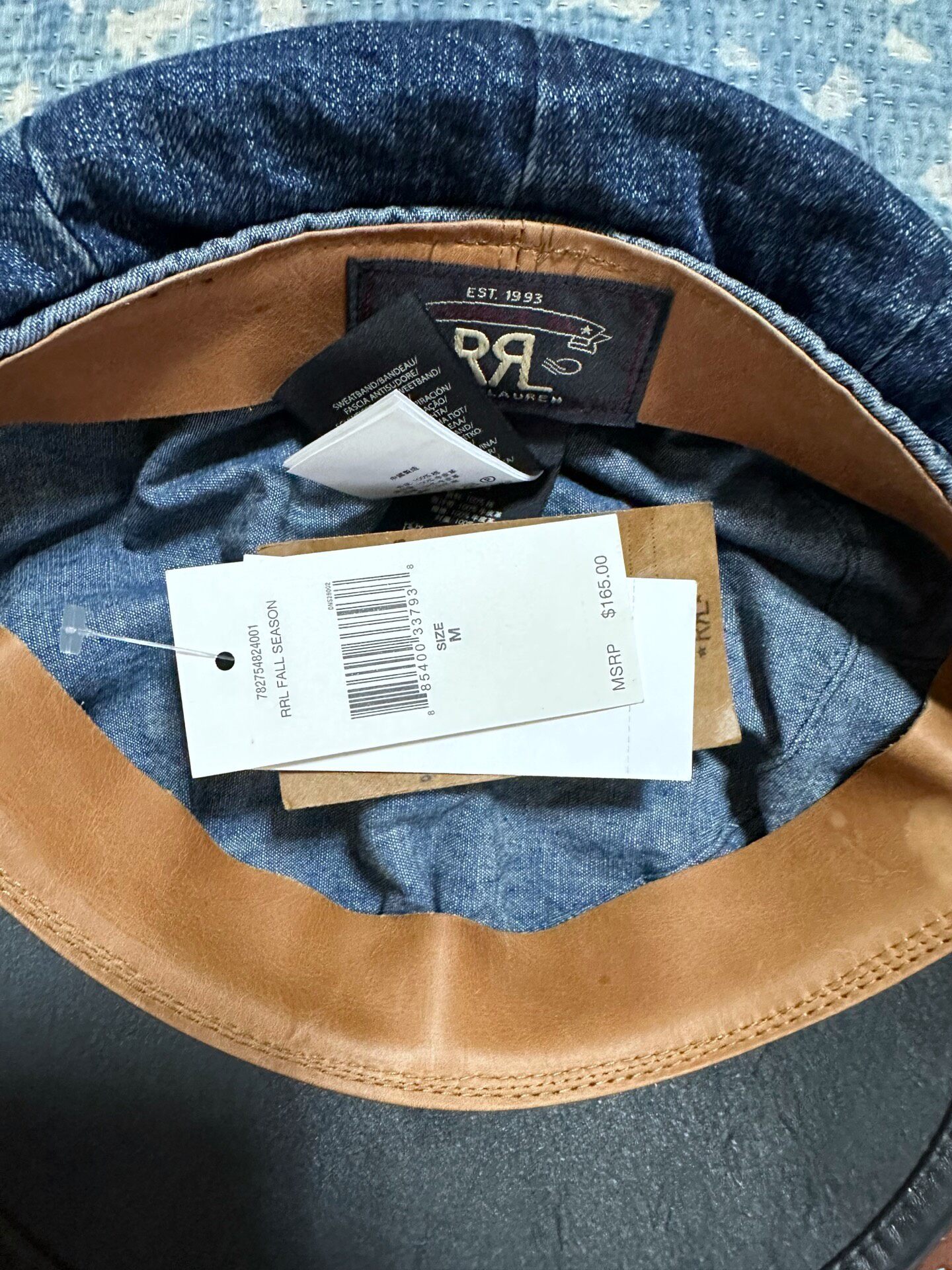 RRL Blue Denim Leather Brim Newsboy Cap — front
