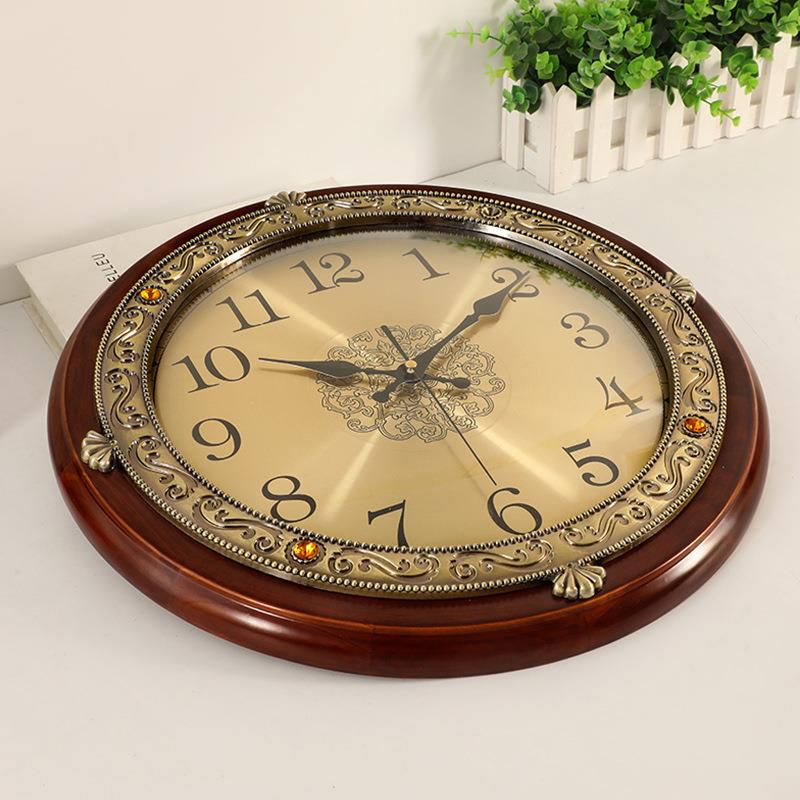 中式实英圆形木挂墙钟钟表欧式家用客餐厅轻奢时尚大气静新音F967