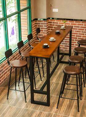铁实木吧台桌椅组合家庭酒吧咖啡厅奶茶店高凳墙长桌