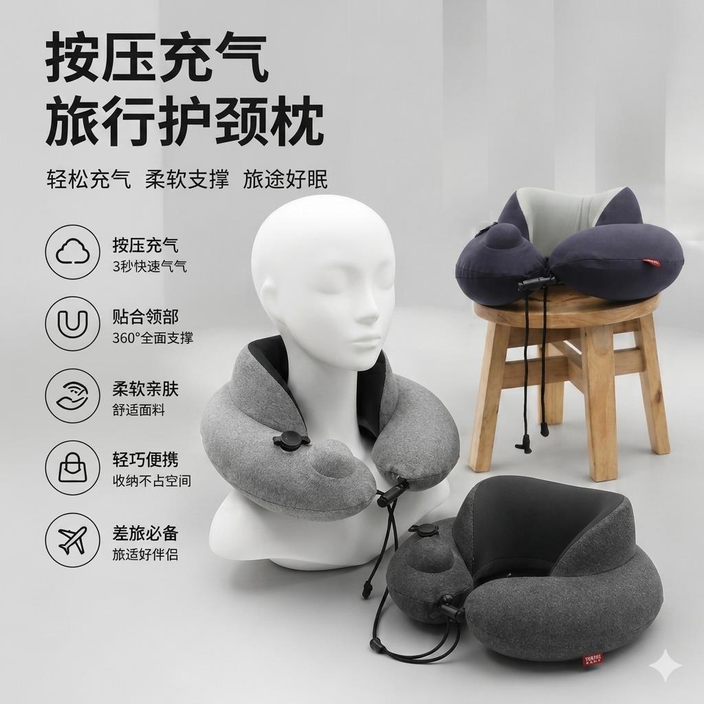 简约现代阳离子U型枕双层按压充气护颈枕礼盒装可携式枕旅行颈枕