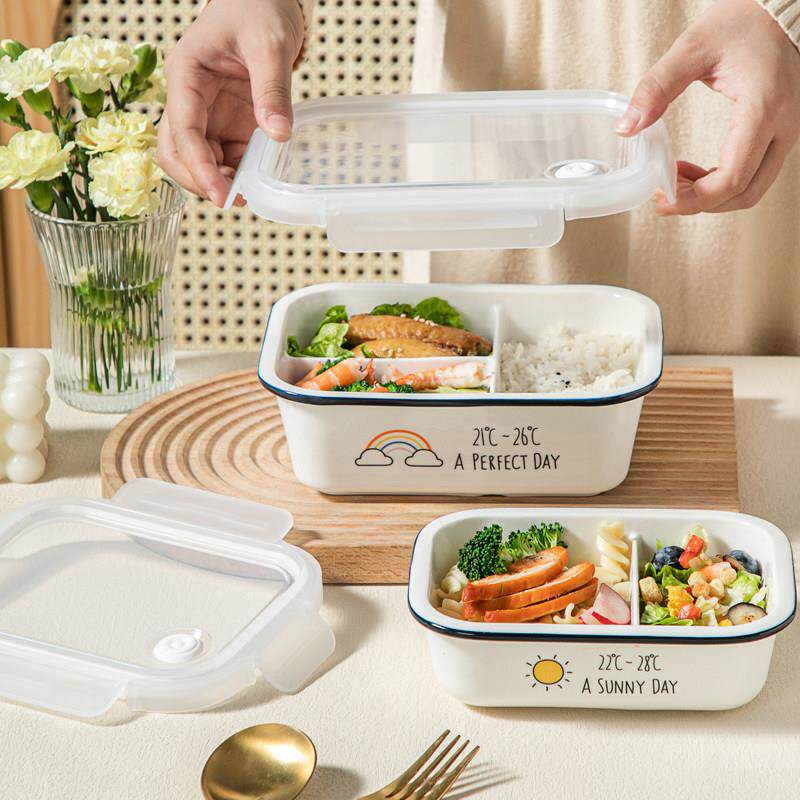 便当盒带饭餐盒可微波炉加热饭盒陶瓷保鲜盒碗带盖子圆形密封食品