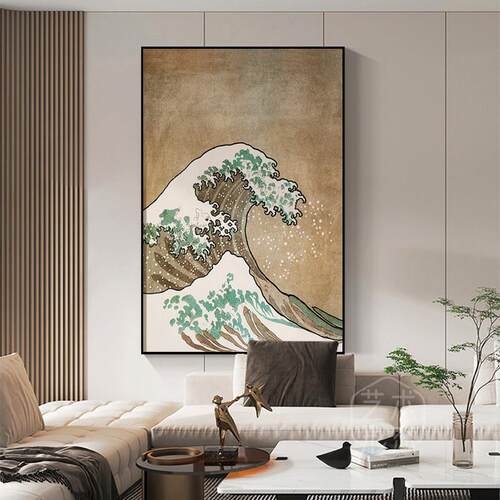中古风客厅沙发背景墙装饰画日式复古海浪餐厅壁画民宿玄关挂画