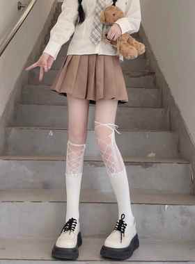 白色镂空绑带小腿袜女秋季拼接针织中筒袜yk辣妹黑色渔网堆堆袜定